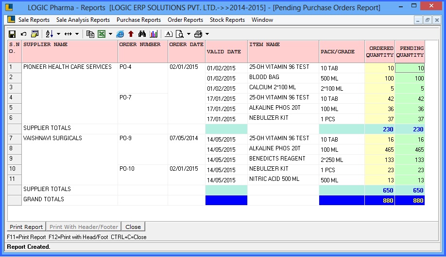 Pending purchase orders report